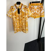 Retro summer new two-piece skirt lapel single-breasted short-sleeved printed shirt high waist shorts fashion women's suit