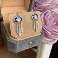 Creative Roman trapezoidal blue crystal tassel earrings for women light luxury trend retro style elegant earring jewelry