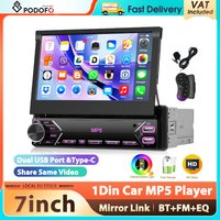 Autoradio Podofo 1Din 7'' avec écran rétractable, Mirror Link, lecteur multimédia MP5, Bluetooth, FM, lumières multicolores, Type-C, égaliseur sonore, autoradio stéréo