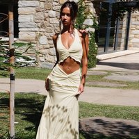 Sexy V-Neck Gown with Wood Grain Edge Hanging Neck Strap Twist Long Skirt Two-Piece Set Women's Fashion Elegant Draped Dress