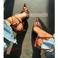 Brown Pointy Toe Caged Sandals Women Sexy Cutout Cross Tied Stiletto High Heels Sandals Ladies Classy Party Lace Up New Shoes