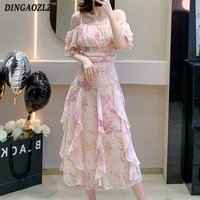 2025 Summer Dress Sweet Floral Printed Chiffon Dress Women's French Short Sleeve Off Shoulder Strap Irregular Fairy Long Dress