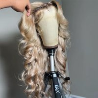 Ombre Blonde 13X4 Transparent Lace Front Wig Brown Dark Root Body Wave Ash Blonde Synthetic Pre Plucked Heat Resistant For Women