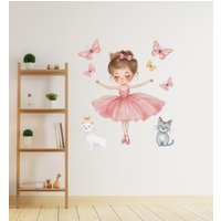 A pink dress ballet princess dancing kitten butterfly wall sticker bedroom living room decoration painting self-adhesive wall st