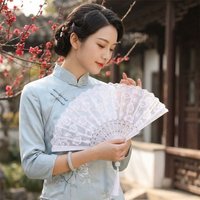 Elegant Flower Pattern Chinese Folding Fan Vintage Traditional Handheld Fan Portable with Tassel Dance Fan Wedding Party