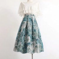 Sky Blue Floral Painting Chic High Waist Ball Gown A-line Loose Women's Skirt Knee-Length Long Skirts For Women Clothing Fashion