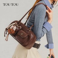 Toutou PU Leather Handbags Double-Pocket Red Bowling Bag Boston Bag Y2K Bag Large-Capacity Shoulder Bag Korean Popular Bag