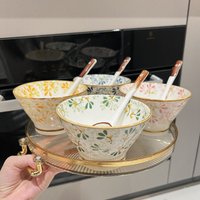 Ceramic Hat-shaped Bowl Spoon Set,Four Seasons Floral Pattern,Oven Microwave Safe, Noodles Salad Soup Dessert Hot Pot Picnic BBQ