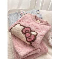 Kawaii Hello Kitty Pajamas Set Women 2025 Winter Embroidery Sleepwear Y2K Aesthetic Loungewear Two-Piece Warm Loose Fit Soft