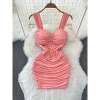 Foamlina Romatic Sexy Suspender Dress Pink Women's Summer Folds Waist Skinny Hips Sexy Mini Short Skirt Dress Girls