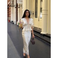 Ahagaga Elegant Lace V Neck Puff Sleeve (Crop Top+Lace Hem Skirt) Set Suit for Women Sexy Satin Slim Fit Casual Party Tracksuits