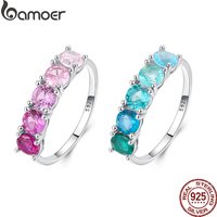 Bamoer 100% 925 Sterling Silver Gradient Pink Ring Colorful CZ Ring Promise Wedding Jewellery Gifts for Women Ladies