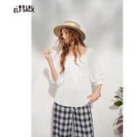 ELFSACK Lace Trim Square Neck Blouse, Puff Sleeve Embroidered Top, Boho Casual Loose Shirt for Women