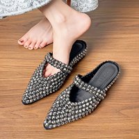 Luxury Rhinestone Pointed Toe Slippers for Women Sexy Backless Flats Mules Sandals Elegant Party Dress Mary Jane Shoes Ladies