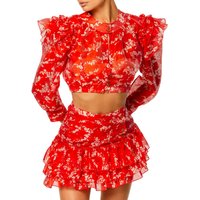 Summer Ruffles Lady High Waist Set 2026 New O-neck Long Sleeve Crop Tops&Mini Skirts Set Fashion Floral Printed Vacation Outfits