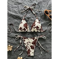 Women Bikini Set 2026 Summer Brown White Cow Print Halter Triangle Tie Side String Sexy Swimwear Female Beach Vacation Bathing S
