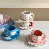 1Pc 280ml Original Design Nordic Style Hand-Painted Ceramic Coffee Cup and Saucer, Multi-Color Plaid, Heart, Blue Sky and White Clouds, Floral Mug, Suitable for Afternoon Tea, Milk Cup and Saucer,
