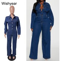 New Winter Blue Denim Bodycon Jumpsuits for Woman Long Sleeves Single Breasted Stretch Jeans Rompers Streetwear Baggy Overalls