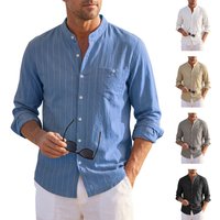 Men's spring-autumn linen stand-up striped long-sleeved casual office wear trendy long-sleeved shirt with one pocket