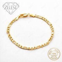 925 Sterling Silver 18K Gold Plated 8 Inch Simple Flat Figaro Bracelet Women's Fashion Wedding Party Jewelry