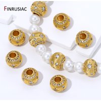 18K Gold Plated Brass Round Spacer Beads For Bracelet,7.2*9mm Inlaid Zircon Ball Beads For DIY Handmade Jewelry Making Findings