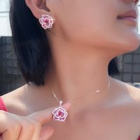 Pera Romantic Rose Flower Charm Earrings and Necklace Shiny Zirconia Fashion Jewelry Sets for Women Engagement Party Gift J536
