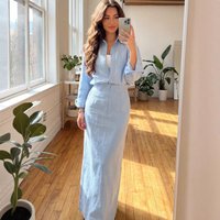 Elegant Women 2-Piece Linen Set Modest Oversized Button-Down Shirt + High Waist Maxi Skirt Casual Chic Co-ord Outfit for Spring