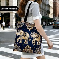 1PC Golden Elephant Paisley Canvas Tote Bag – Boho Indian Inspired Print with Ornate Floral Patterns, Eco-Friendly Shoulder Bag