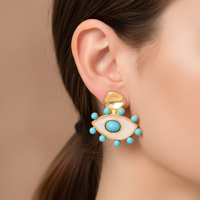 Fashionable 18K Gold Plated Evil Eye Stud Earrings with Turquoise Stone and Enamel for Women Birthday Holiday Ear Charm