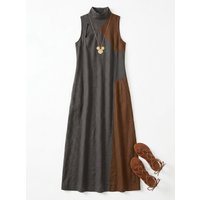Bonboho Women's Color Block Maxi Dress 2026 Summer Stylish Sleeveless Turtleneck Cutout Casual Linen Long Dress For Vacation