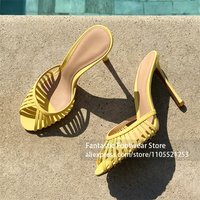 Yellow Caged Strap Mules Round Peep Toe Summer Shoes Thin Stiletto Heel Slip On Slippers Custom Summer Heeled Slides for Women image 4