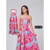 Women's Dresses Gentle Breeze Blue Base Pink Flower Tube Top Dress New Waist Slimming Long Skirt Female Holiday Dress Clothing