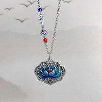 925 Silver Enamel Blue Lotus Flower Heart Sutra Necklace for Women and Men Ruyi Lock Pendant Vintage Clavicle Chain Jewelry
