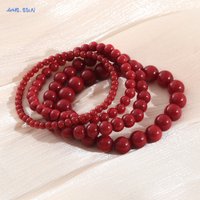 MHS.SUN Vintage Red Round Beads Bracelet Bangle for Women Men New 4/6/8/10mm Beaded Elastic Bracelets Jewelry Party Gifts