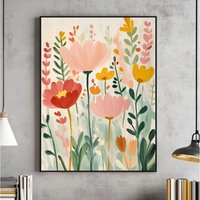 Bright Abstract Flower Botanical Wall Art, Spring Floral Poster Modern Pink and Green Prints, Colorful Flower Poster Home Decor