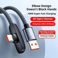 100W Type C Fast Charging 90 Degree Elbow Data Cable Braided Super Charger Mobile Gaming Cord For Phone 1m 1.5m 2m Black