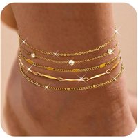 Bobisty 14k Gold Plated Anklets Waterproof Stainless Steel Layered Heart Cuban Link Chain for Women Summer Beach Jewelry Gift