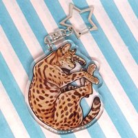 Cute Sleeping Serval Cat Acrylic Keychain, Glitter Epoxy Animal Bag Charm, Star Clasp Key Ring, Wildlife Lover Gift