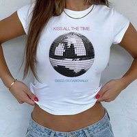 Kiss All The Time Disco Crop Top Disco Ball Shirt Concert Tee Music Lover Gift Y2K Crop Top Party Tee Women Fitted Crop Top