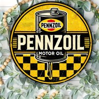 7.8 Inch Vintage Round Aluminum Pennzoil Motor Oil Retro Metal Plaque, Multipurpose Wall Hanging Decor for Home, Garage, Bar, Ca