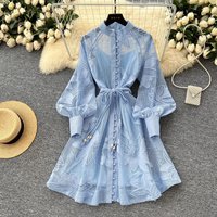 Spring Summer French Lace Embroidery Women's Dress Stand Collar Long Lantern Sleeve Single Breasted Belt Party Birthday Dress