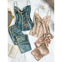 Elegant 4 Piece Cherry Print Pajama Set for Women Cowl Neck Spaghetti Strap Cami Top Long Pants Fashion and Casual Loungewear