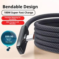 100W Fast Charging USB Type C Cable 90 Degree Right Angle Data Cord for Samsung Xiaomi Huawei Google Pixel Gaming Charger