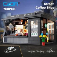 CADA City 768Pcs Coffee Shop House With Led Lights Model Building Blocks Street View Assemble Bricks Toys Kids Adult Gift