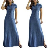 Europe And America Cross Border New Long Dress Shirt Collar Split Pocket Large Swing Dress Large Casual Denim Dress
