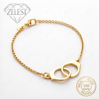 925 Sterling Silver 18K Gold Plated 8-inch Exquisite Double Ring Handcuff Bracelet, Women's Fashion Wedding Party Jewelry