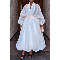 Sheer Chiffon Maxi Dress High Neck Puff Sleeve Waist Belted Flowy Balloon Hem Elegant Formal Evening Party Dress for Women
