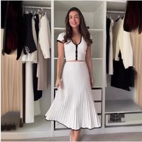 CPSYMYM 2-piece Set Fashion Knitted Black Spliced V Neck Short-sleeved Skirt Women New Spring Autum Slim Elegant Office Skirt Se