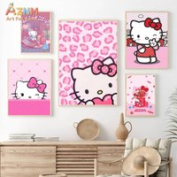 AZNM Hello Kitty Pink Kawaii Cartoon Wall Art, Cute Cat Canvas Print, Girls Bedroom Nursery Decor Poster, Frameless