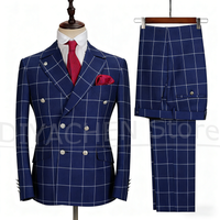 Fashion Men's Plaid Suit Set Slim Chic Peak Lapel Double Breasted Outfit 2 Piece Business Casual Wedding Suits (Blazer+Pants)